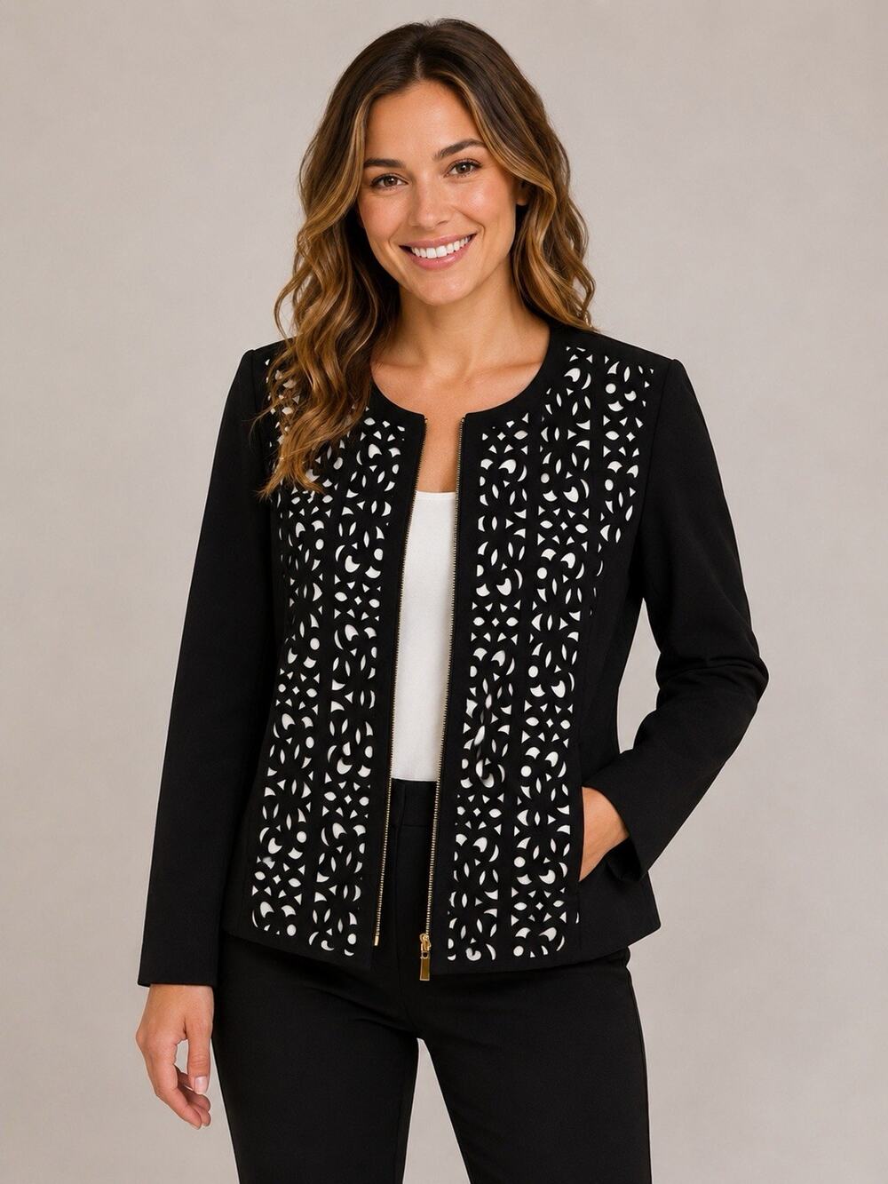 Tahari Arthur S Levine Women 14 Black Laser Cut Jacket Gold Zip Career Blazer